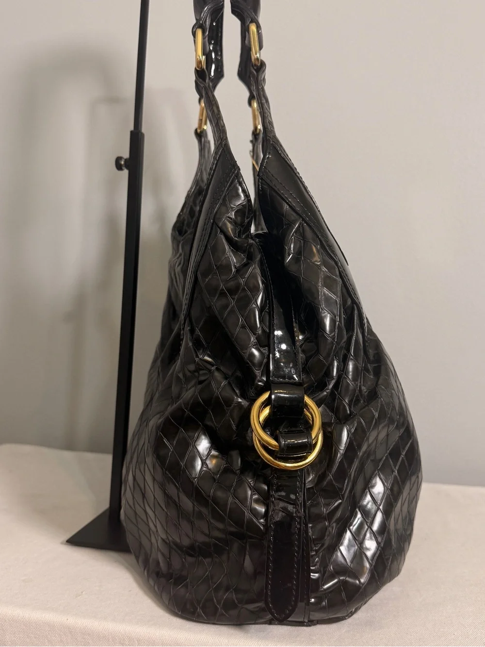 Goldenbleu Hobo Shoulder Bag Black Patent Leather Diamond Quilted Y2K